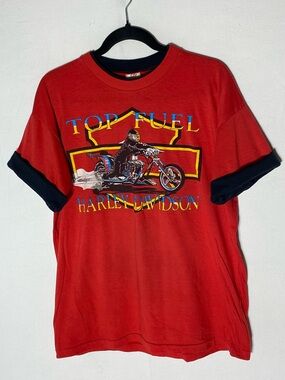 Vintage 80s Harley Davidson Top Fuel Drag Racing Ringer Shirt Made in Canada XL